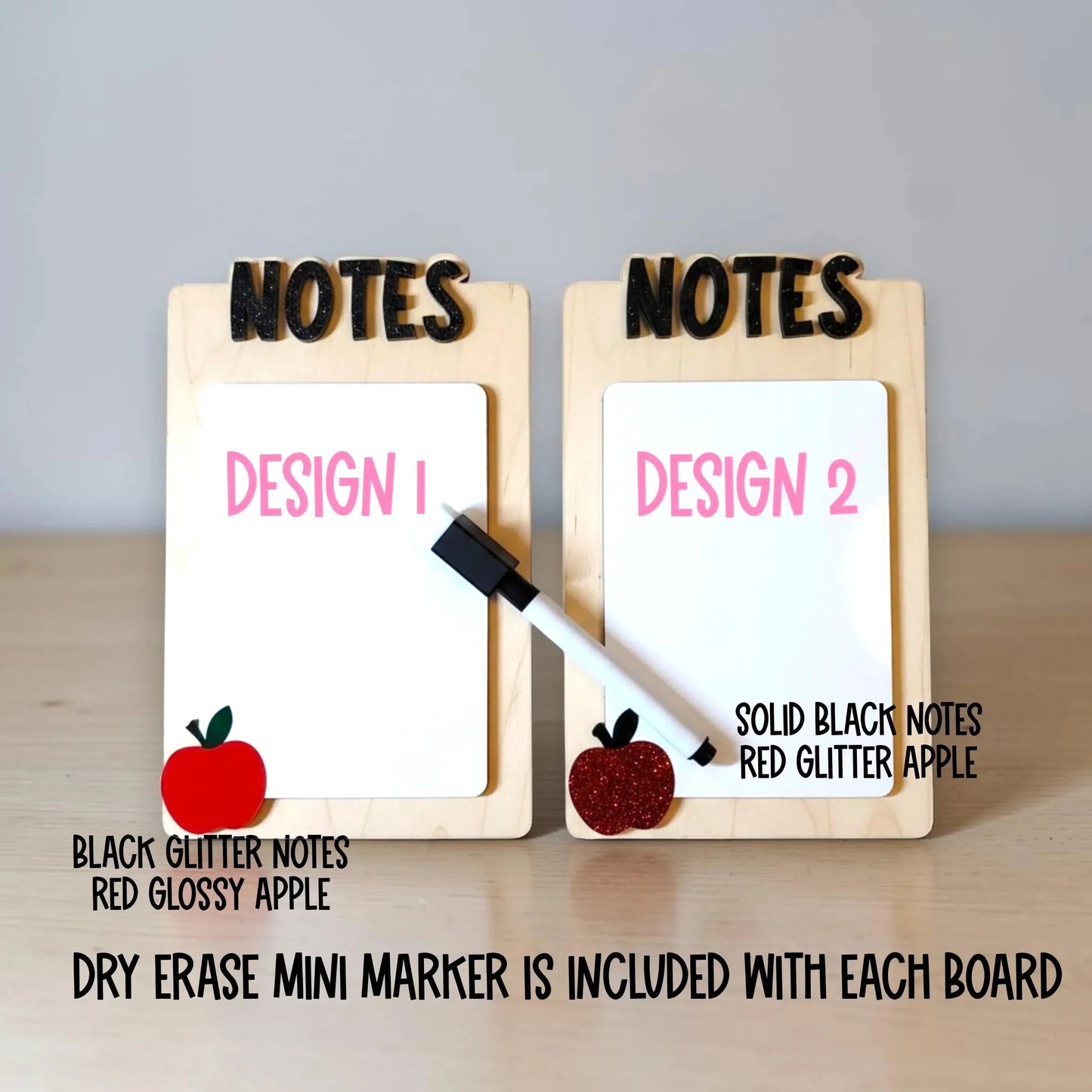 Mommie Peas Creations teacher notes board with white birch wood frame, black glitter 'NOTES' text, and red apple accent. Includes dry erase marker.