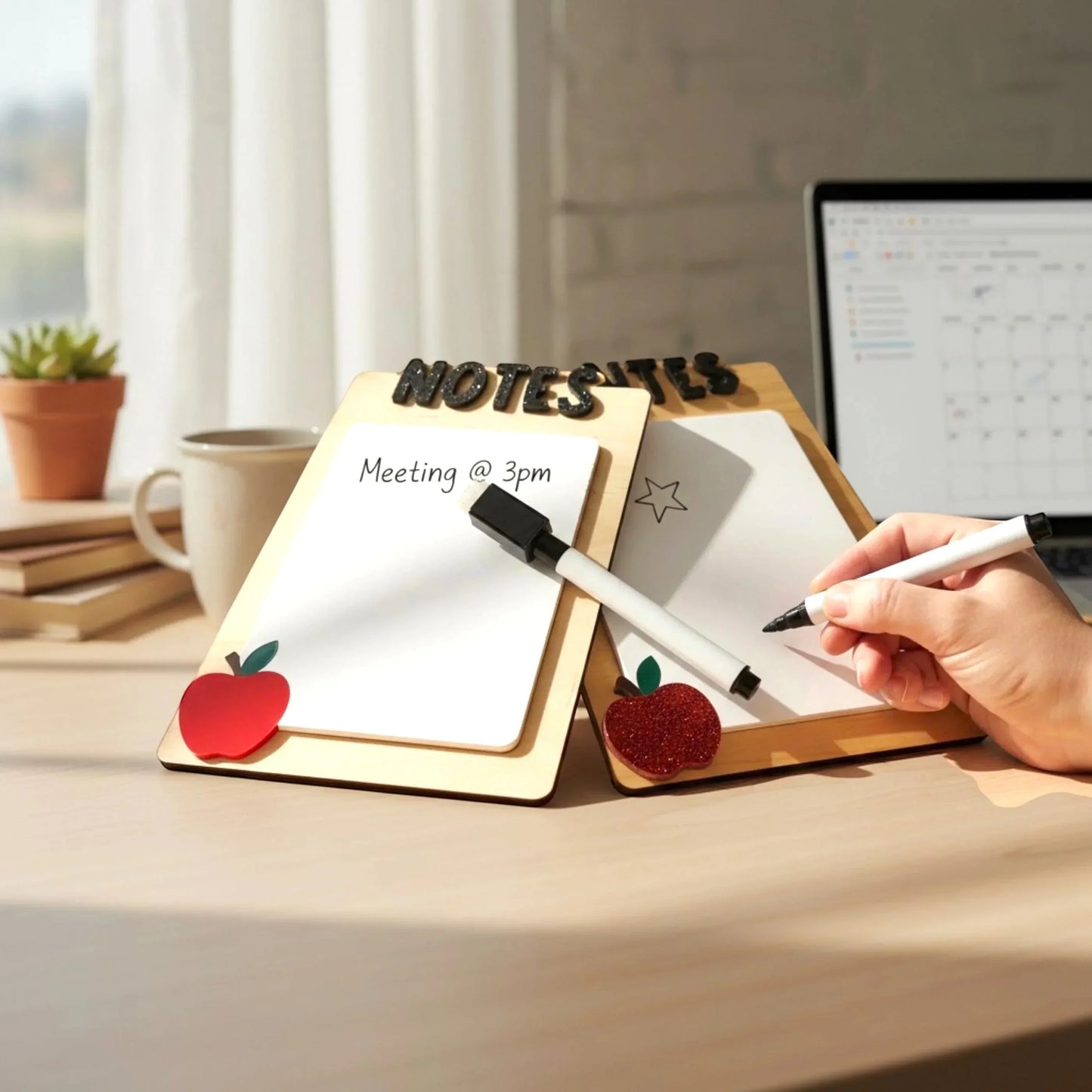 Mommie Peas Creations wooden teacher notes board with dry erase surface and red apple accent. Includes marker.