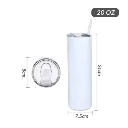 Mommie Peas Creations white 20 oz stainless steel tumbler with a clear sliding lid and straw. Features sublimation printing for durable, vibrant graphics.