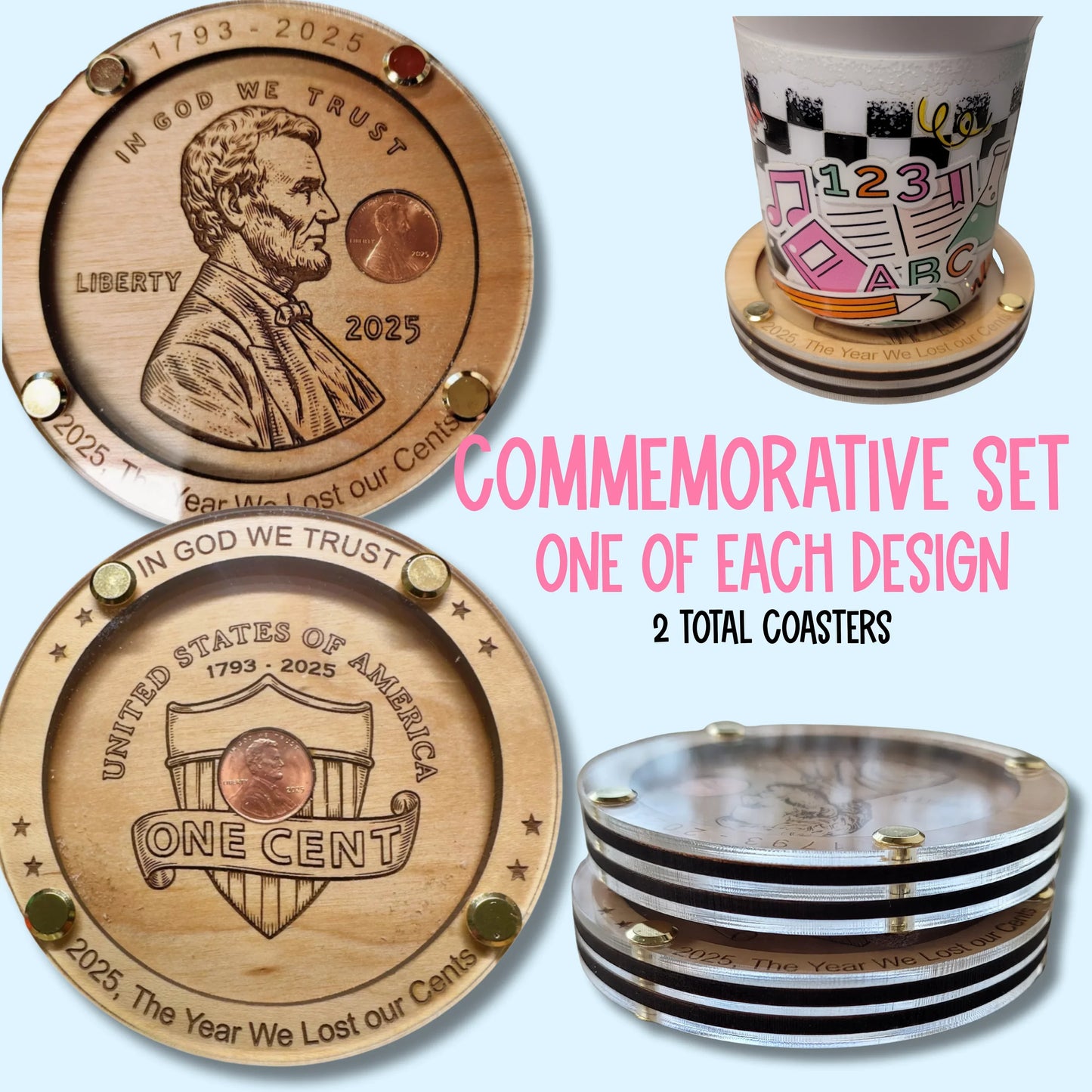 Handmade wooden commemorative penny coasters set in natural tones, unique gift from Alabama