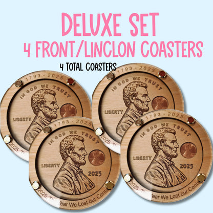 Handmade wooden Lincoln penny coasters in natural wood tones, unique gift set of four