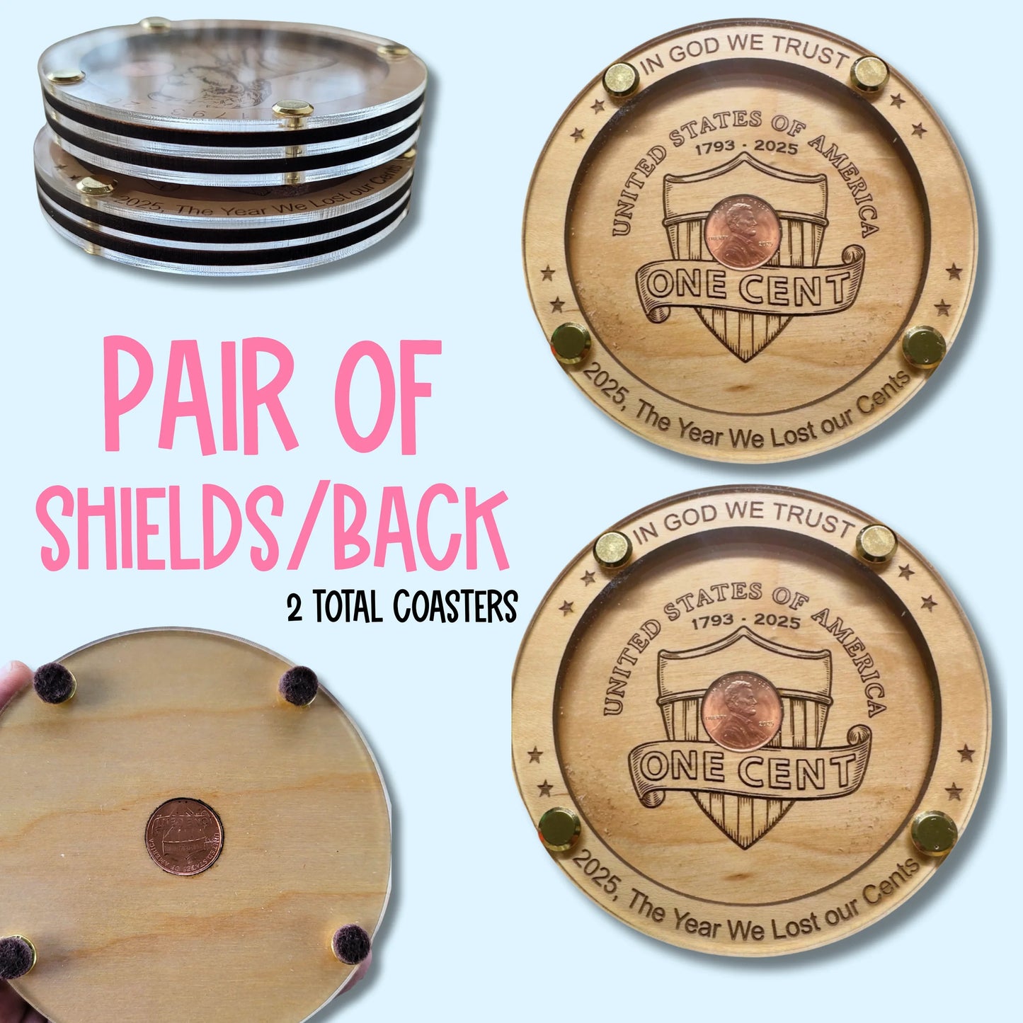 Handmade wooden coasters with engraved penny shield design and natural wood tones, unique gift set
