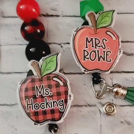 Teacher custom apple lanyard|  Personalized Id Holder| Apple Badge Reel for Back to School| Breakaway Lanyard | buffalo plaid | leopard