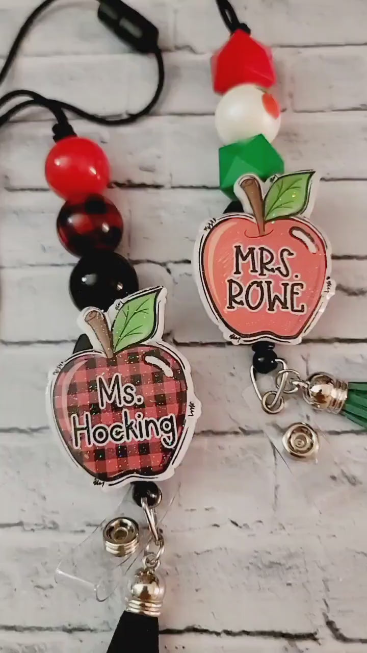 Teacher custom apple lanyard|  Personalized Id Holder| Apple Badge Reel for Back to School| Breakaway Lanyard | buffalo plaid | leopard