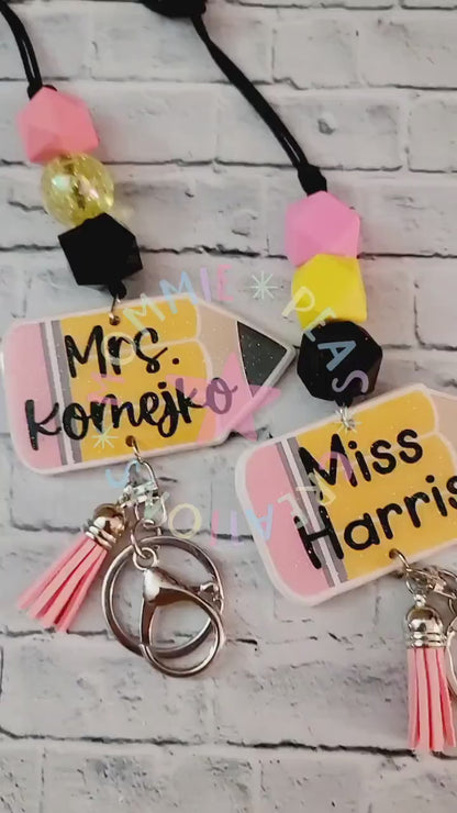 Teacher Lanyard | personalized beaded glitter pencil| Teacher Appreciation gift idea| breakaway ID holder|  Acrylic badge lanyard| Custom