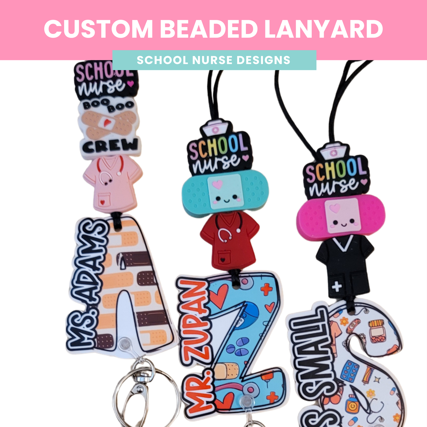 School Nurse Lanyard | Signature Series | Beaded Badge Holder | Acrylic Initial | Nurse Gift