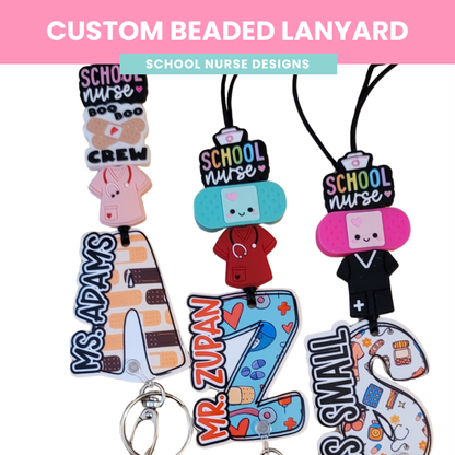 School Nurse Lanyard | Signature Series | Beaded Badge Holder | Acrylic Initial | Nurse Gift