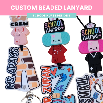 School Nurse Lanyard | Signature Series | Beaded Badge Holder | Acrylic Initial | Nurse Gift